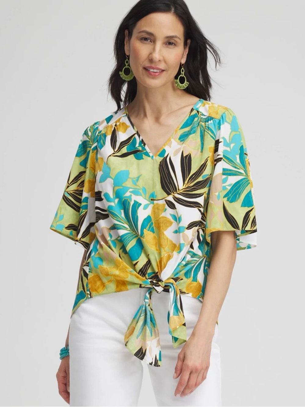 Chico’s Floral V neck Tie Front Top SZ 1 US 8 Flutter Sleeve Color Multi